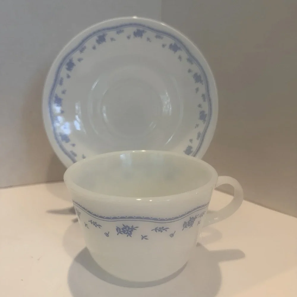 Pyrex Coffee Mug w/ matching Correlle Saucer Morning Blue Pattern Set Of 4 - Picture 1 of 9